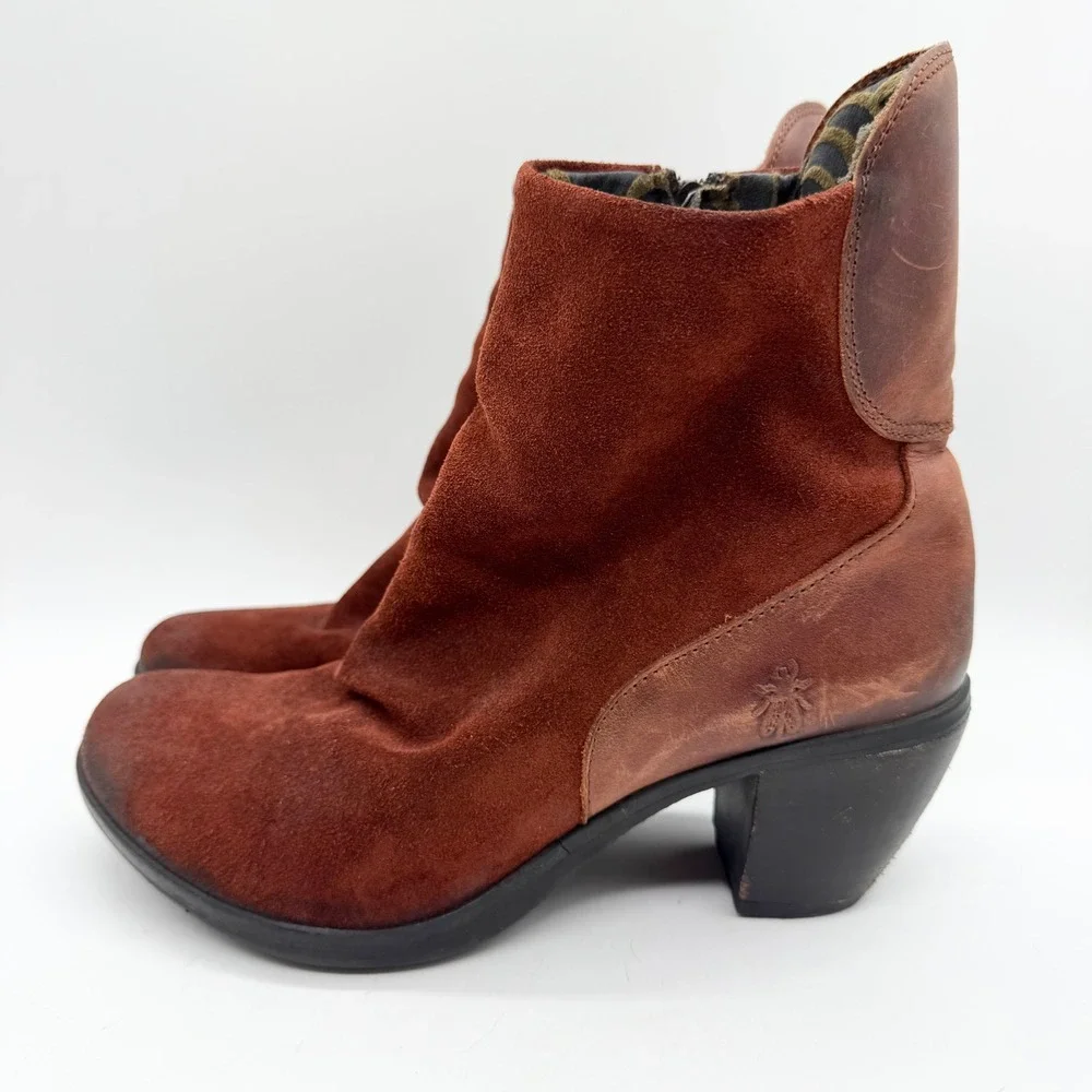 FLY LONDON Hota Suede Heeled Ankle Boots In Oilsu/Rug Brick Sz 40 Hippie Comfort